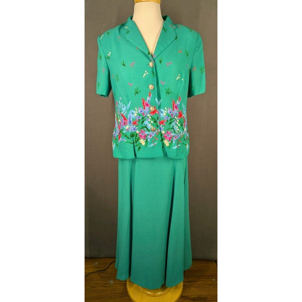 Leslie Fay 2pc Skirt Suit 12 Green Floral Jacket Spring Vintage